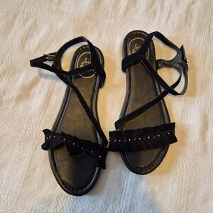Jack Rogers women's 8M black ruffle front strappy sandals VGUC